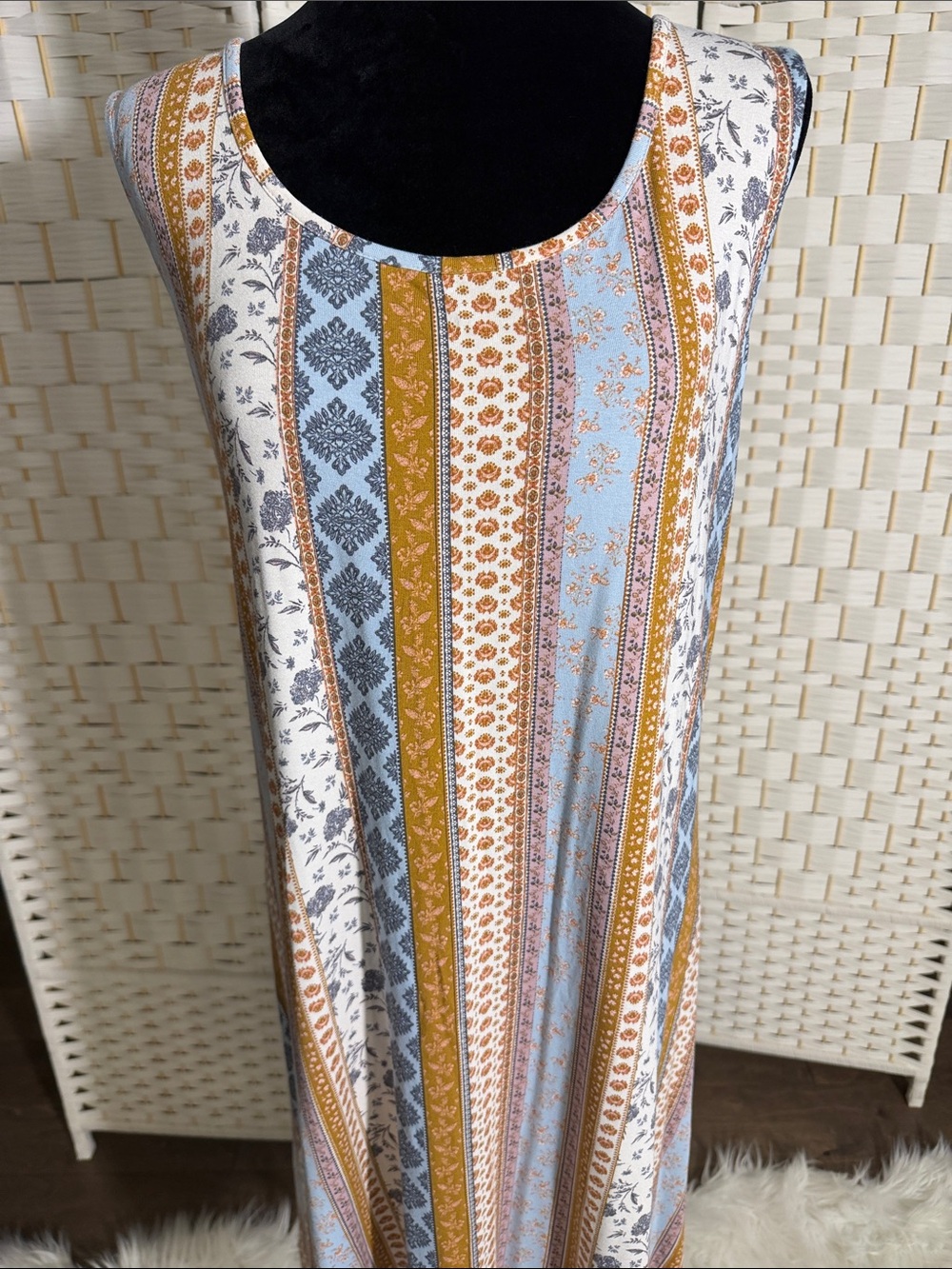 Lucky Brand Striped Floral Maxi Dress in Blue and Mustard